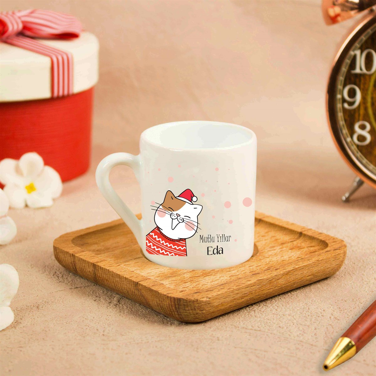 İsme Özel Ahşap Tepsili Kahve Fincanı-Kedi Temalı