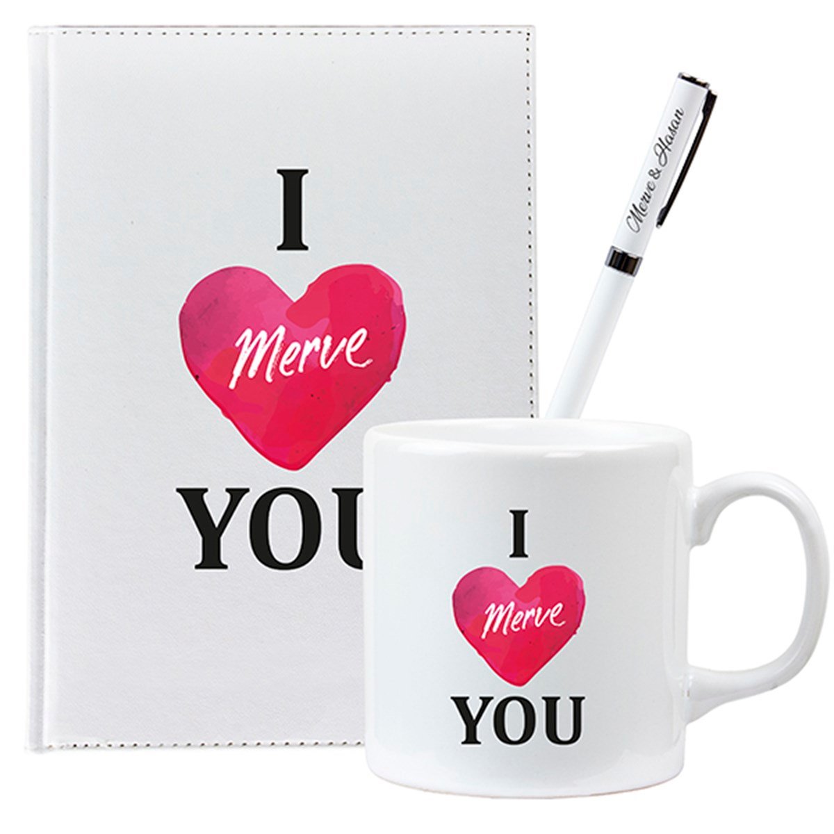 İsme Özel Ajanda Kalem Ve Kupa Bardak Seti - I Love You Temalı