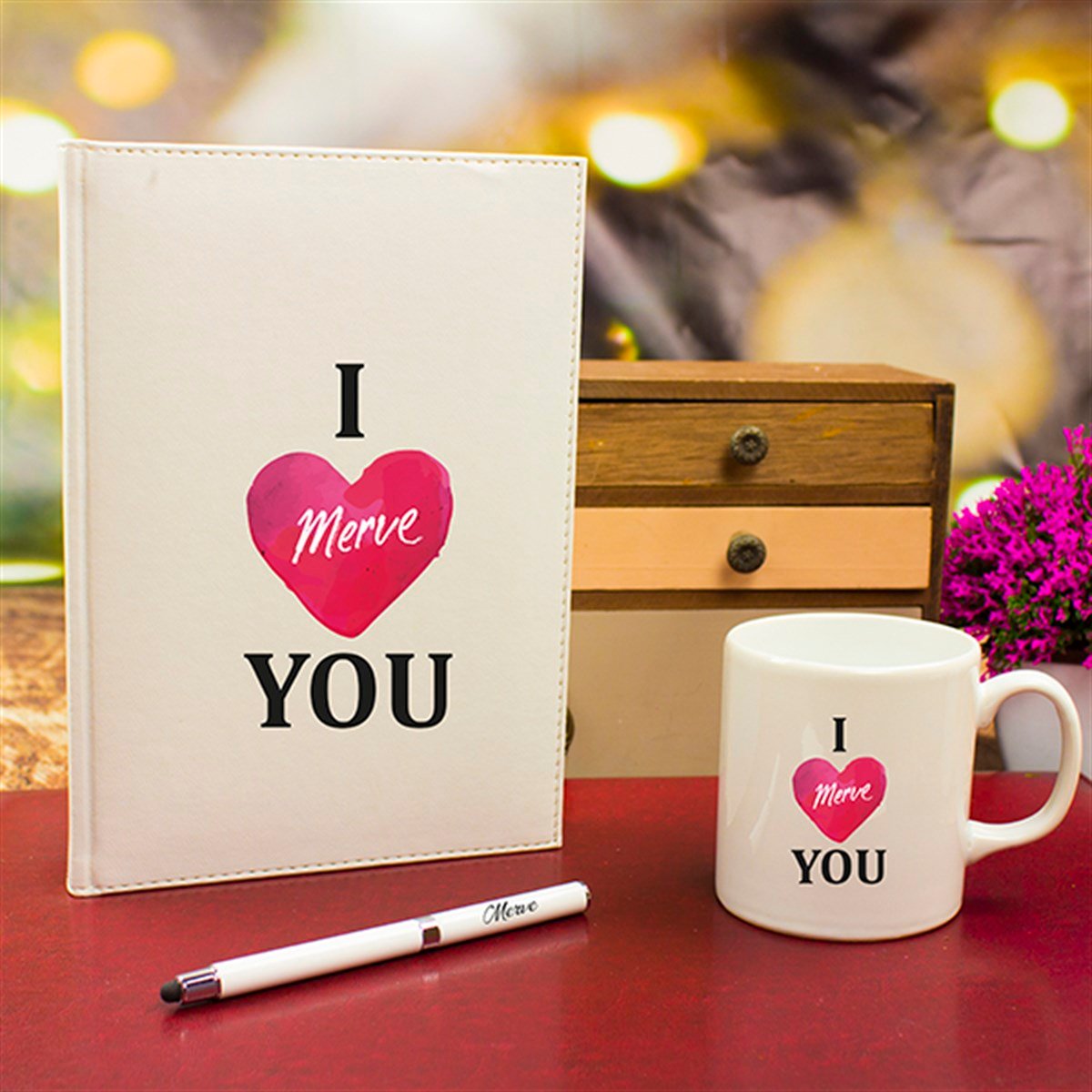 İsme Özel Ajanda Kalem Ve Kupa Bardak Seti - I Love You Temalı