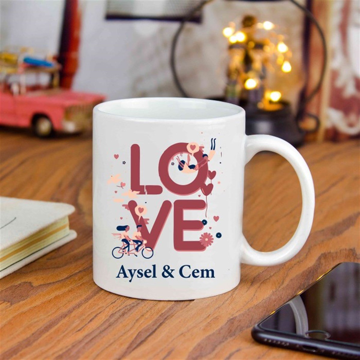 İsme Özel Aşk Temalı Çiçekli Kupa Bardak