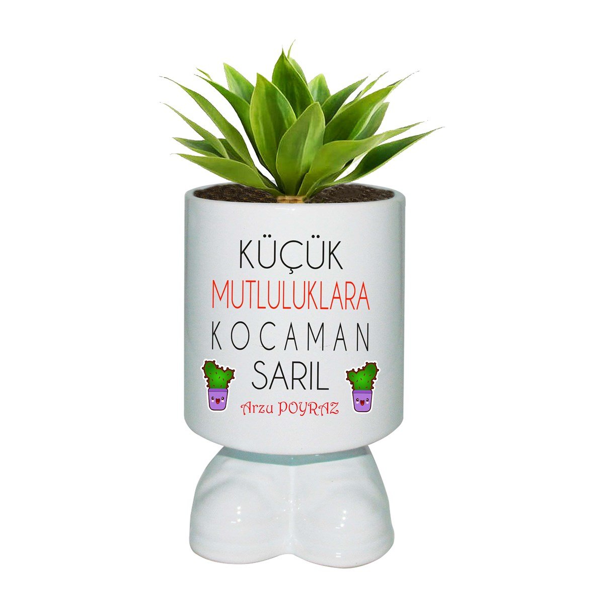 İsme Özel Ayaklı Seramik Saksı - Küçük Mutluluklara Kocaman Sarıl