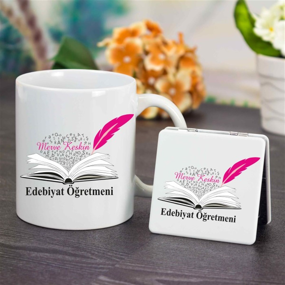 İsme Özel Ayna ve Kupa Bardak Seti - Öğretmen