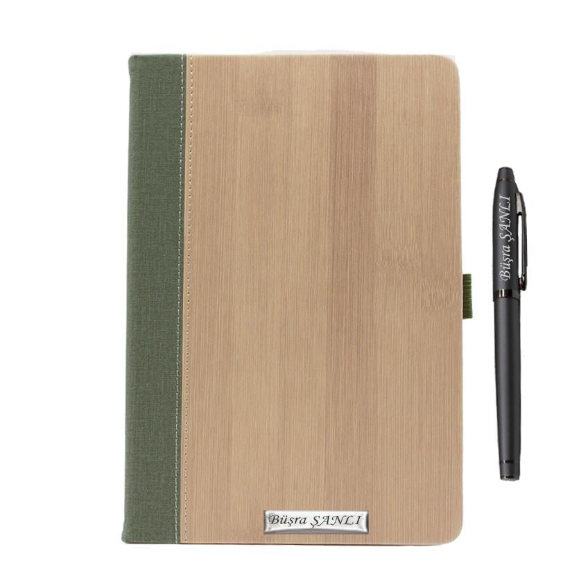 İsme Özel Bambu Kapaklı Defter ve Roller Kalem Seti - Renk Seçenekli