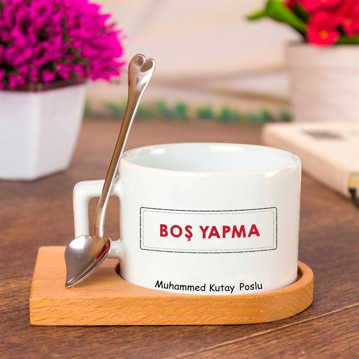 İsme Özel Baoş Yapma Temalı Ahşap Tepsili Kahve Çay Fincanı Seti