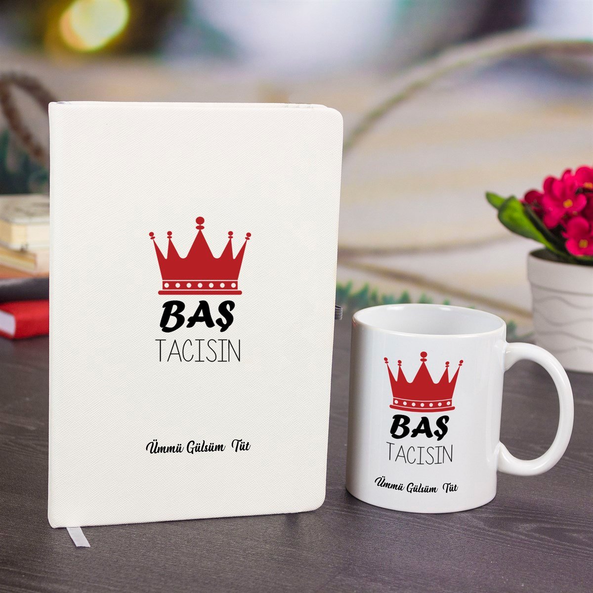 İsme Özel Baş Tacısın Temalı Defter Kupa Bardak ve Kalem Seti