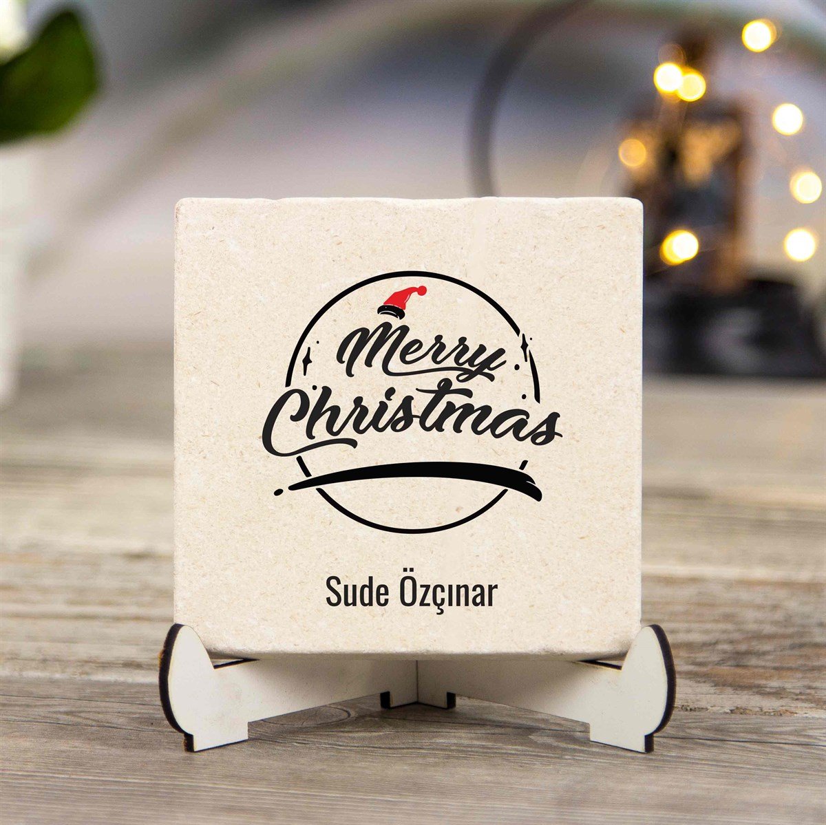 İsme Özel Baskılı Ahşap Stantlı İsimlik Kare Taş-Merry Christmas