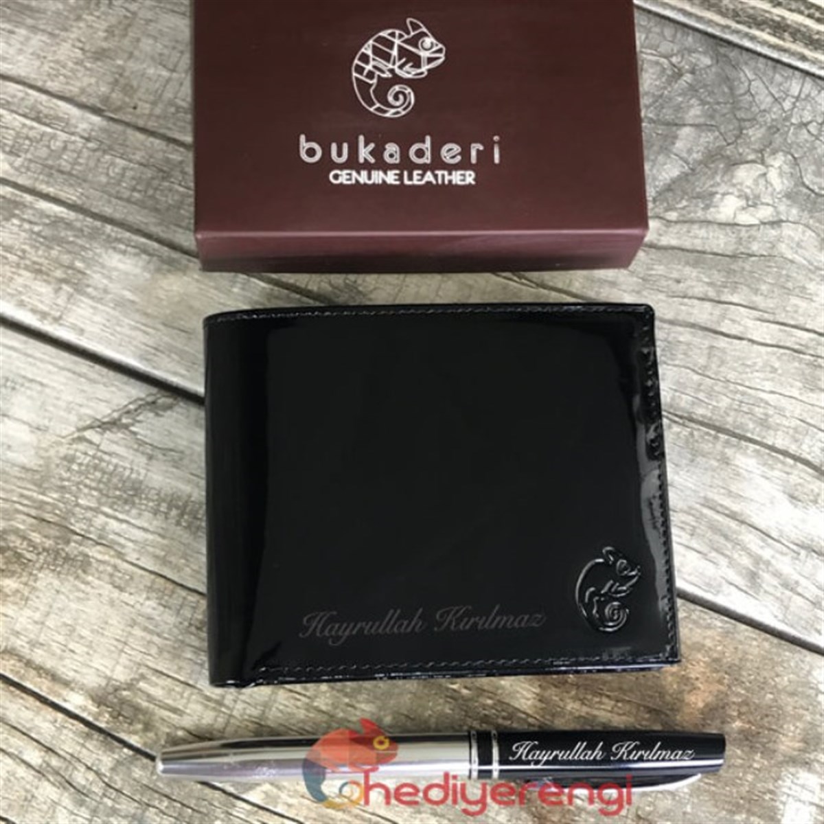 İsme Özel Buka Deri Erkek Cüzdanı ve Kalem Seti Rugan Siyah