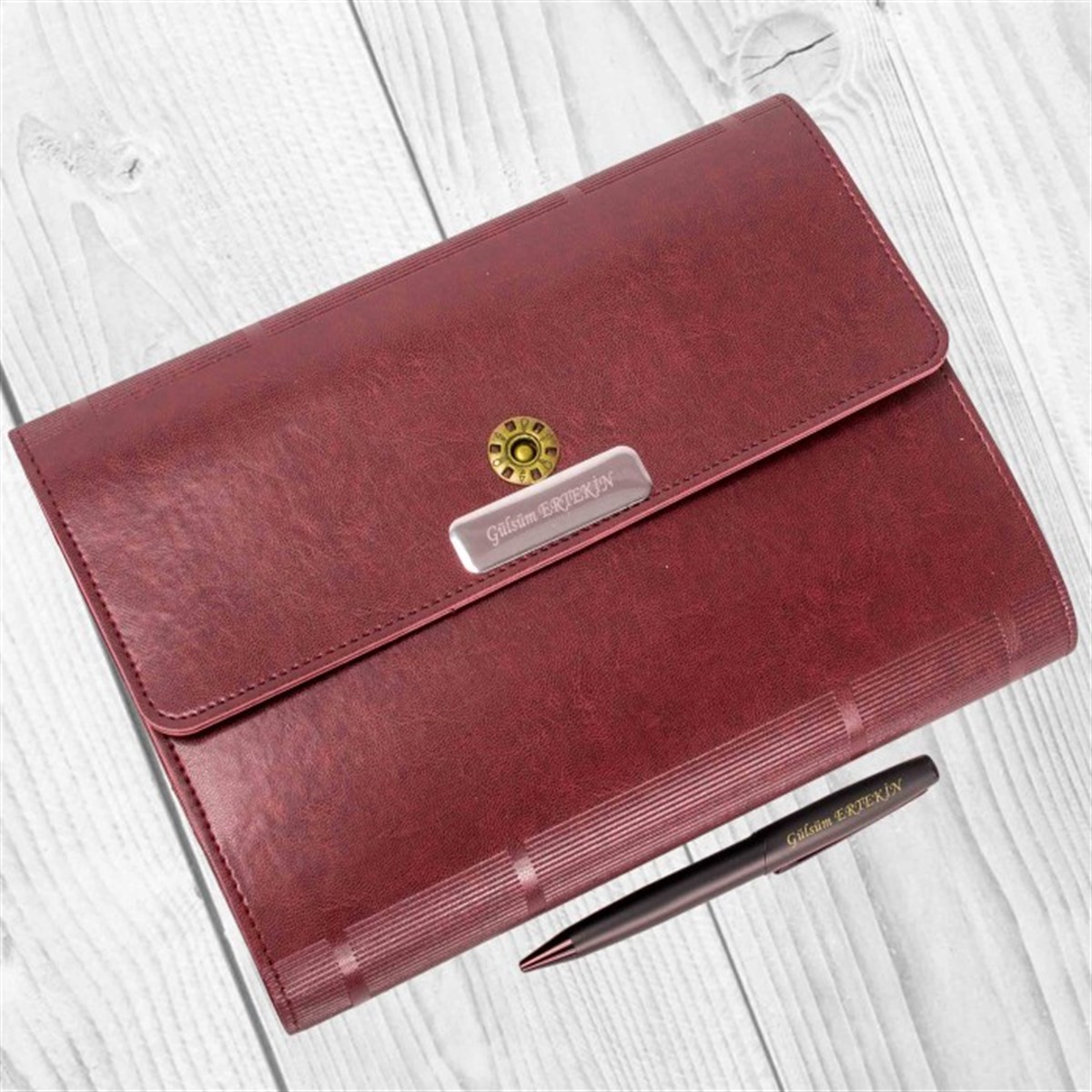 İsme Özel Çantalı Organizerli Premium Defter ve Kalem Seti Bordo