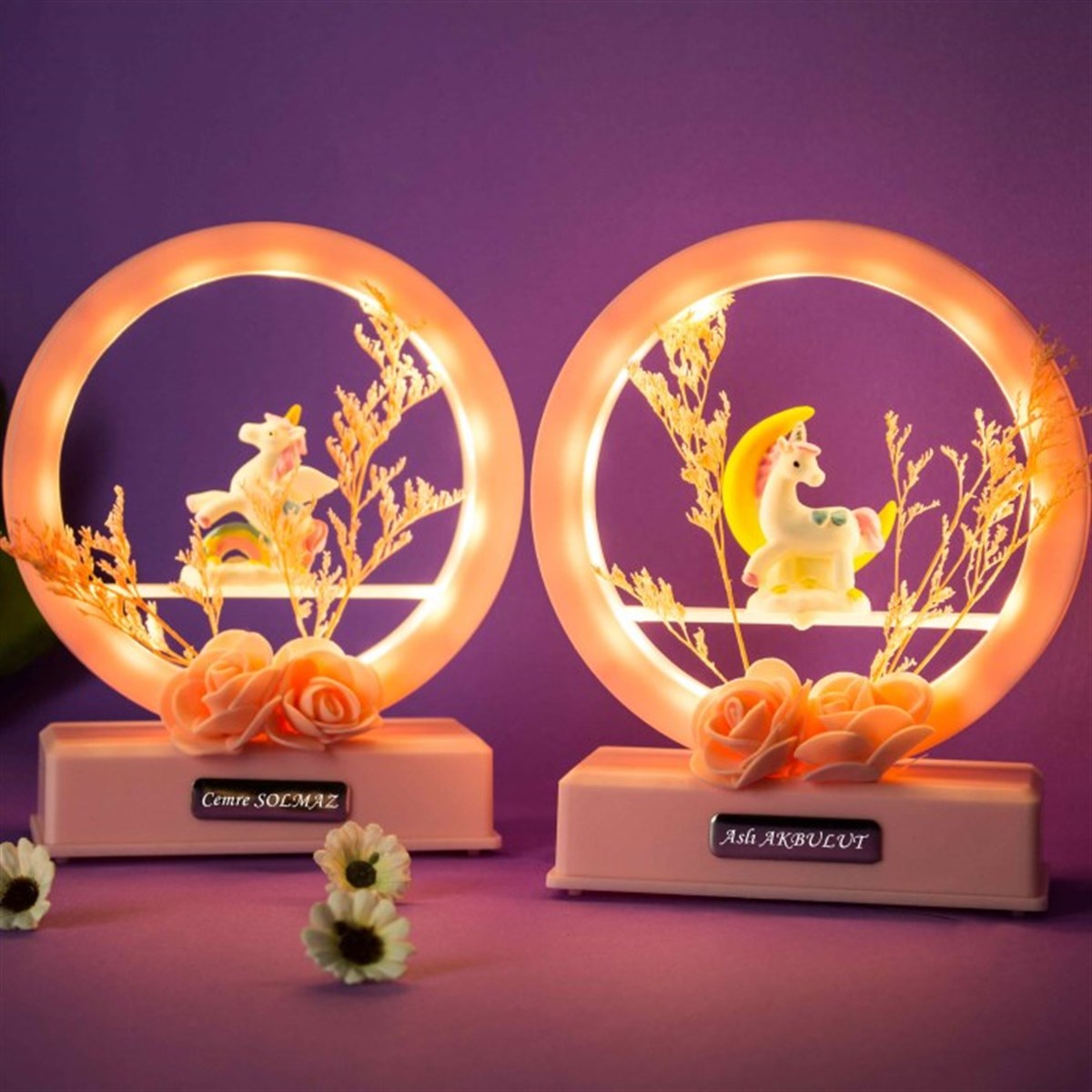 İsme Özel Çemberli Unicorn Temalı Müzikli Işıklı Biblo