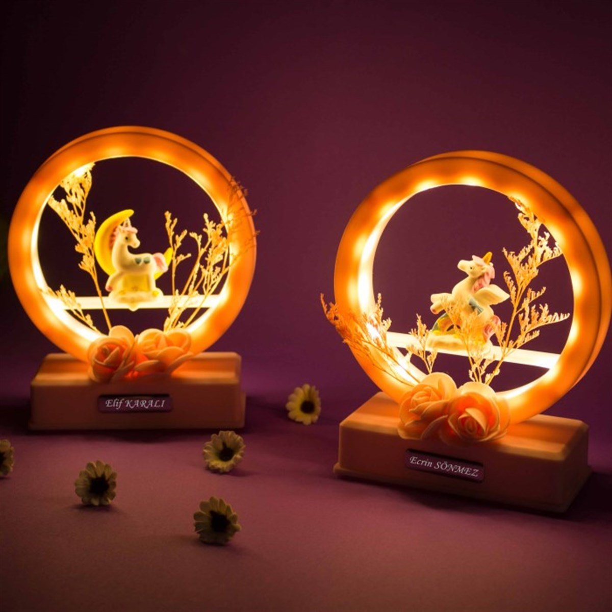 İsme Özel Çemberli Unicorn Temalı Müzikli Işıklı Biblo