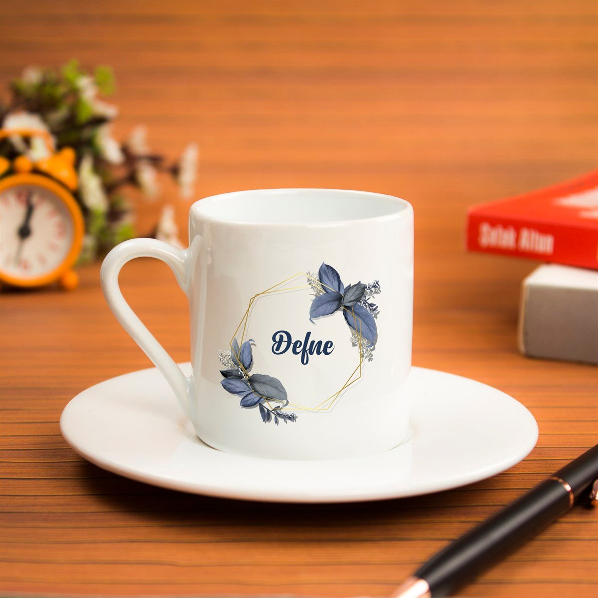 İsme Özel Çiçek Detaylı Defter ve Kahve Fincan Seti - Mavi