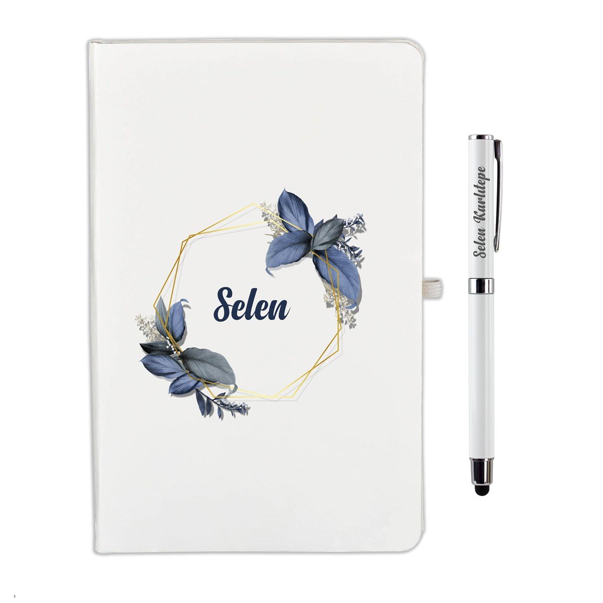 İsme Özel Çiçekli Çerçeve Defter Kalem Seti