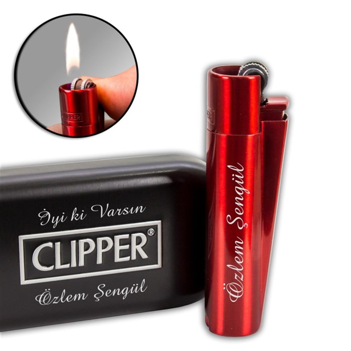 İsme Özel Clipper Marka Metal Çakmak Kırmızı