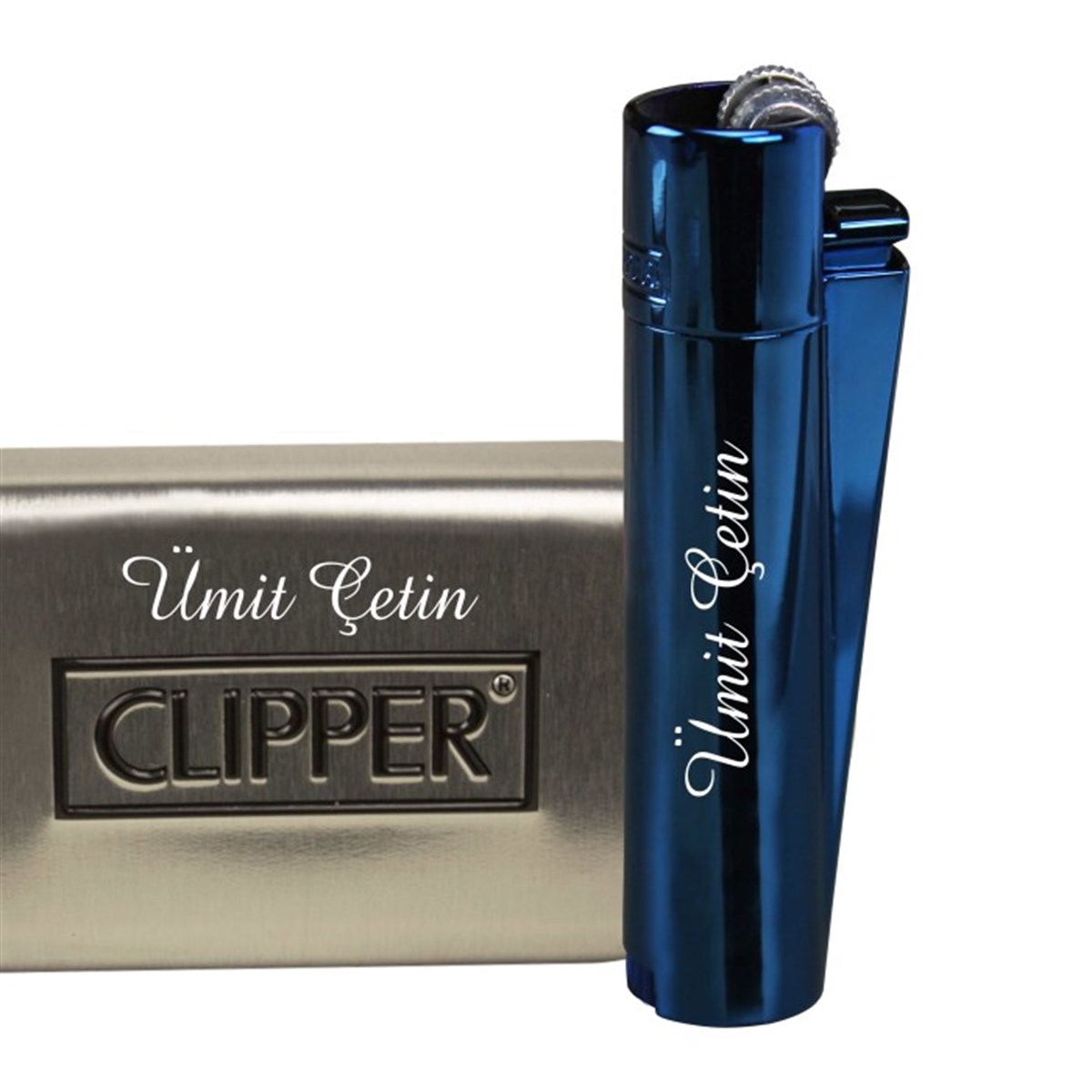 İsme Özel Clipper Marka Metal Çakmak Parlement Mavisi