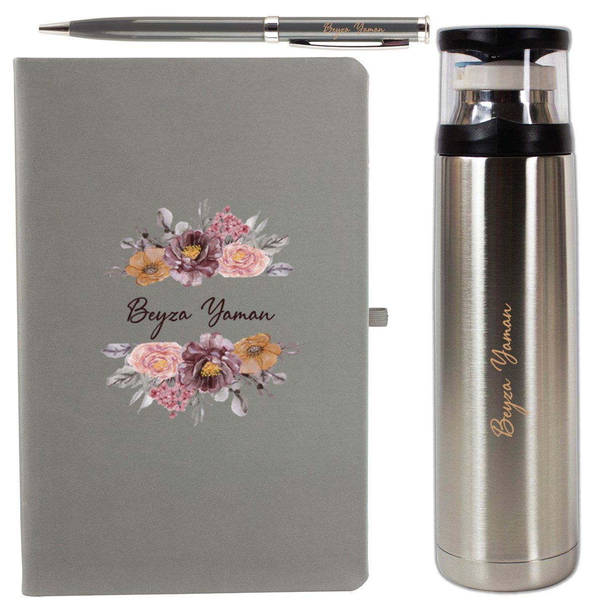 İsme Özel Defter Bardaklı Termos ve Kalem Exclusive Hediye Seti 500 ml - Desen1