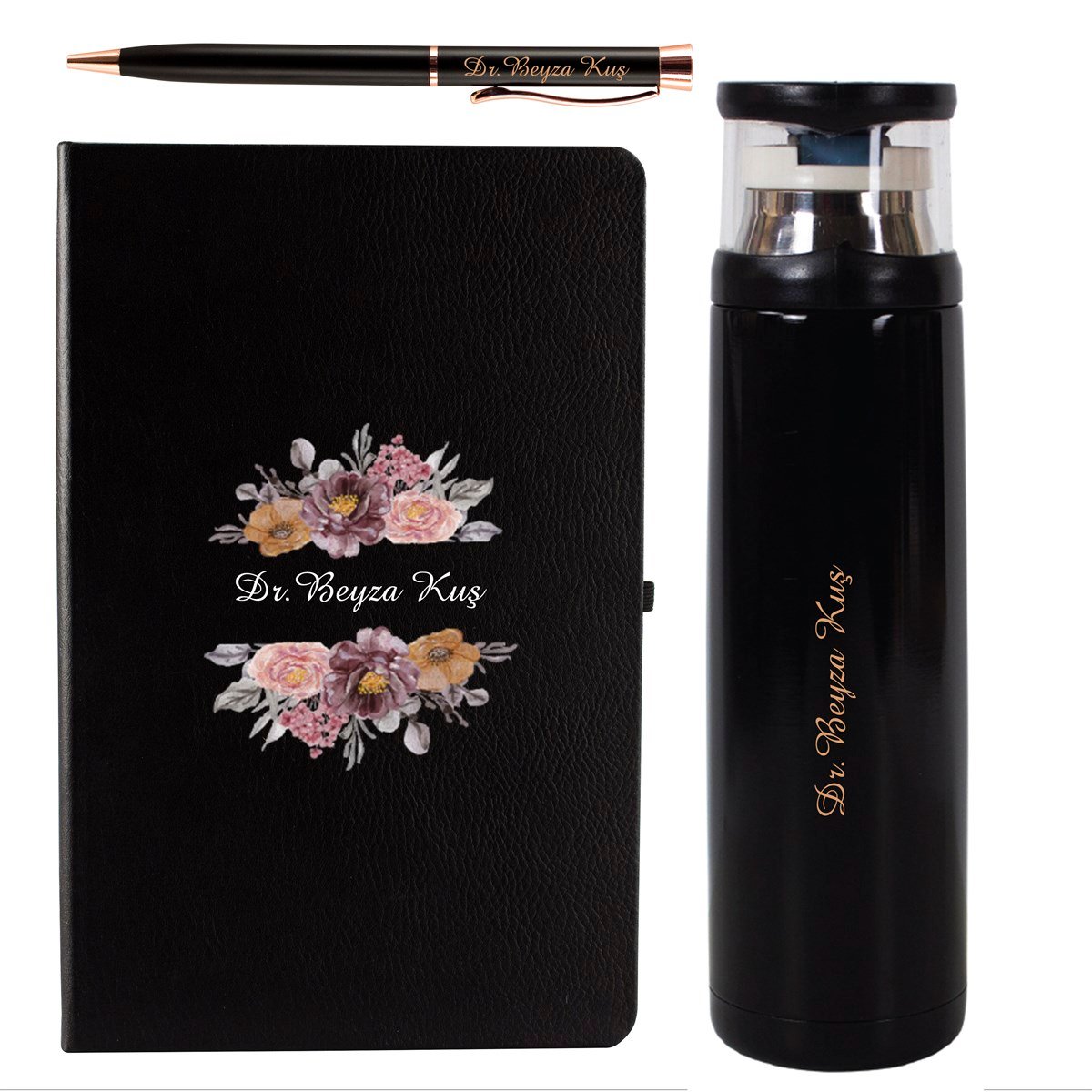 İsme Özel Defter Bardaklı Termos ve Kalem Exclusive Hediye Seti 500 ml - Desen1