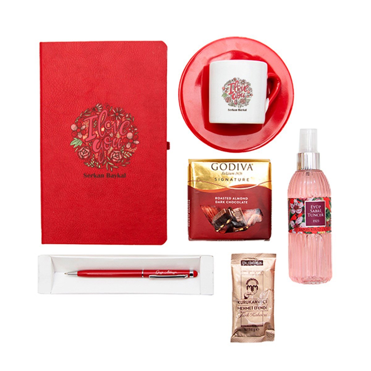 İsme Özel Defter Fincan Çikolata Kolonya Kalem Seti Hediye Kutusu - Çiçek Detaylı I Love You Baskılı