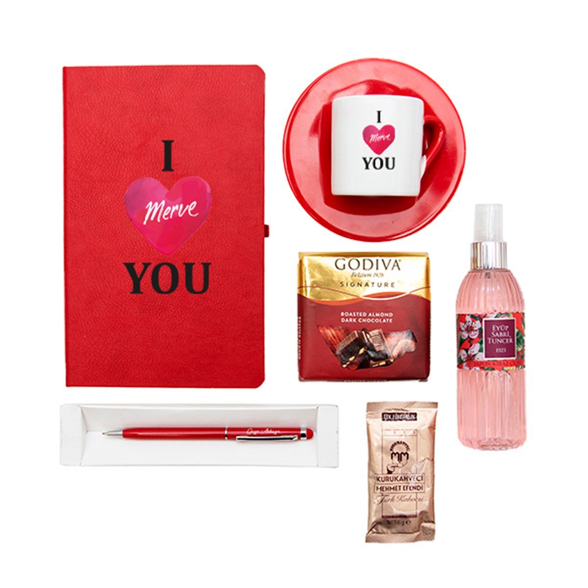 İsme Özel Defter Fincan Çikolata Kolonya Kalem Seti Hediye Kutusu - I Love YouTasarımlı