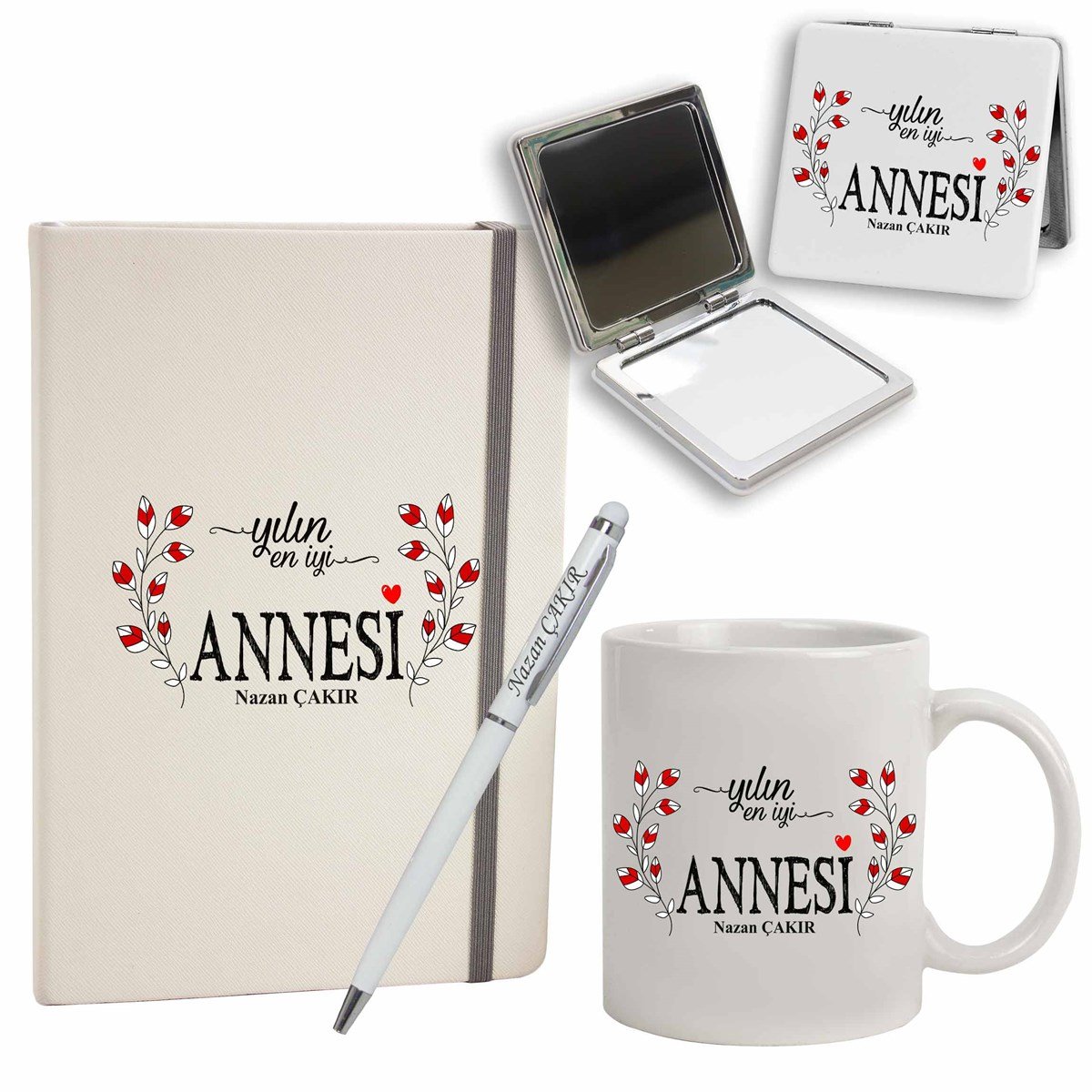 İsme Özel Defter Kalem Ayna Ve Kupa Bardak Seti - Yılın En İyi Annesi