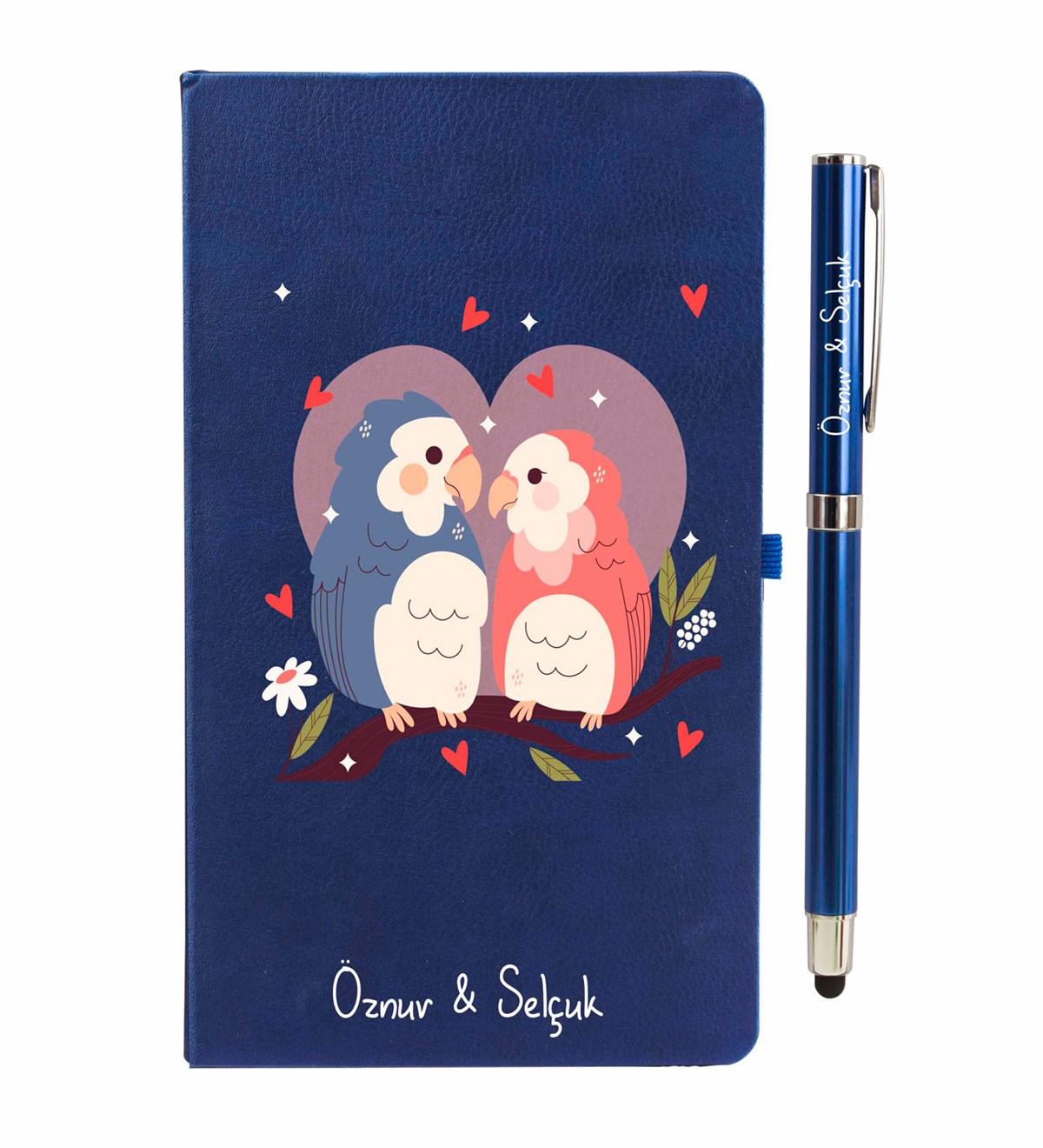 İsme Özel Defter Kalem Seti  Lacivert-Birds Tasarımlı