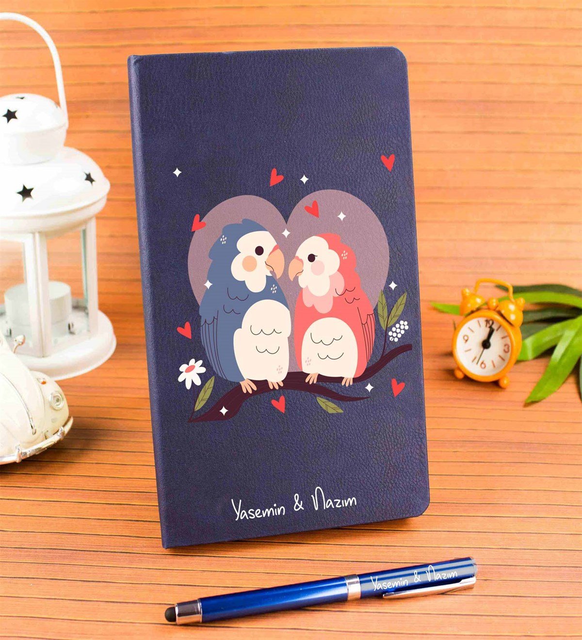 İsme Özel Defter Kalem Seti  Lacivert-Birds Tasarımlı