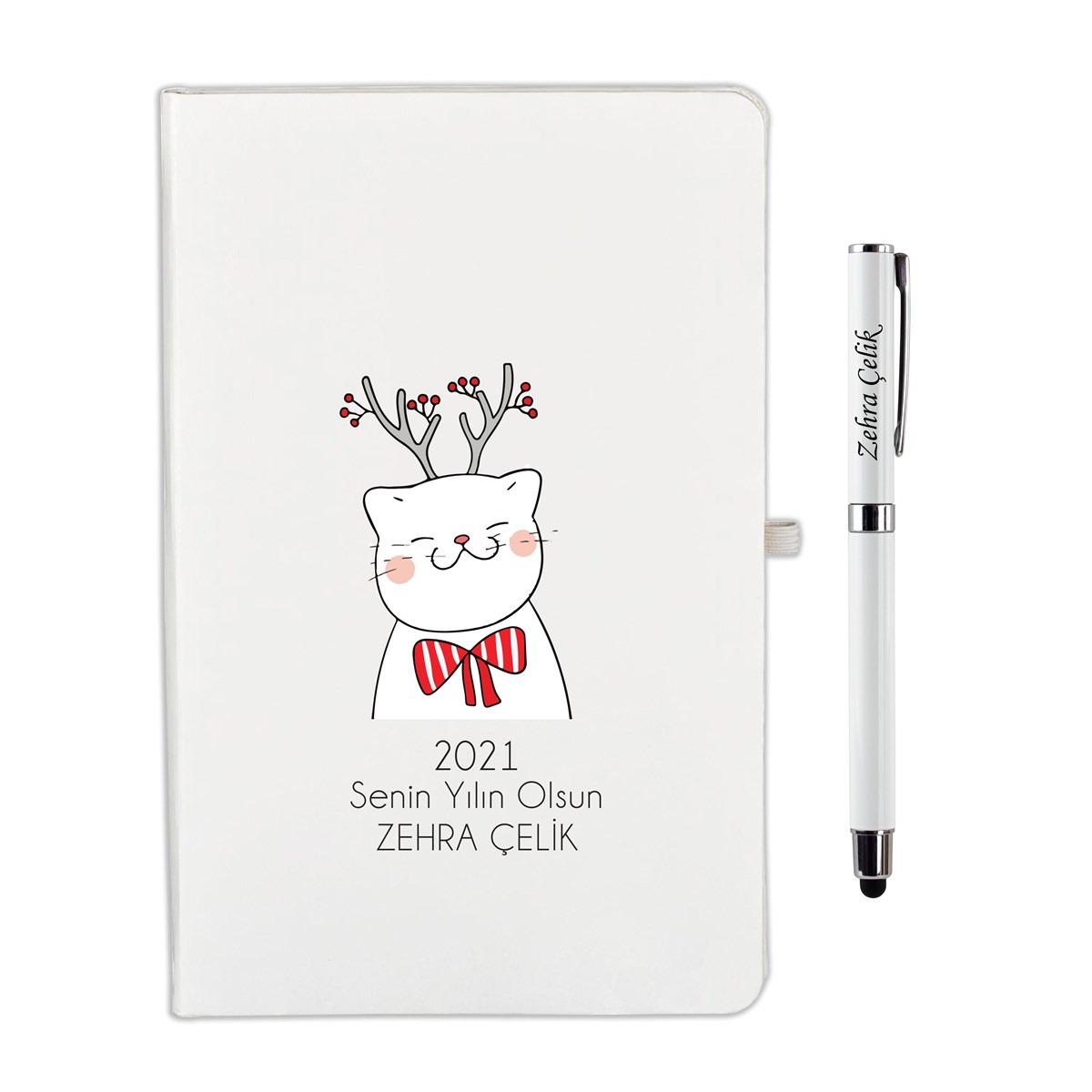 İsme Özel Defter Kalem Seti Beyaz-2021 Senin Yılın Olsun
