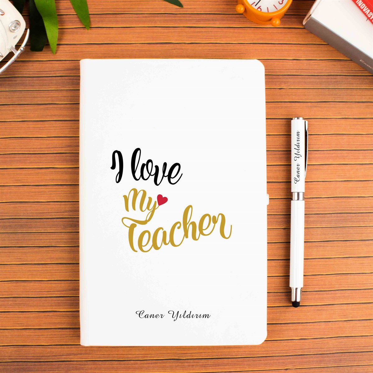 İsme Özel Defter Kalem Seti Beyaz-I love My Teacher