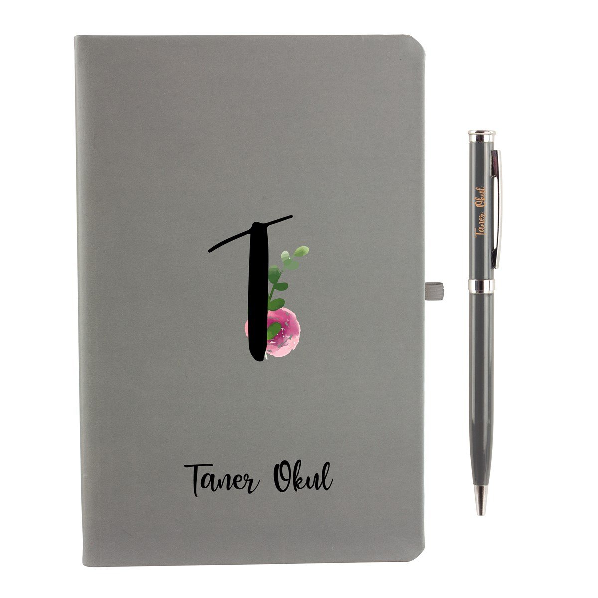 İsme Özel Defter Kalem Seti Füme - Pembe Çiçekli Harf