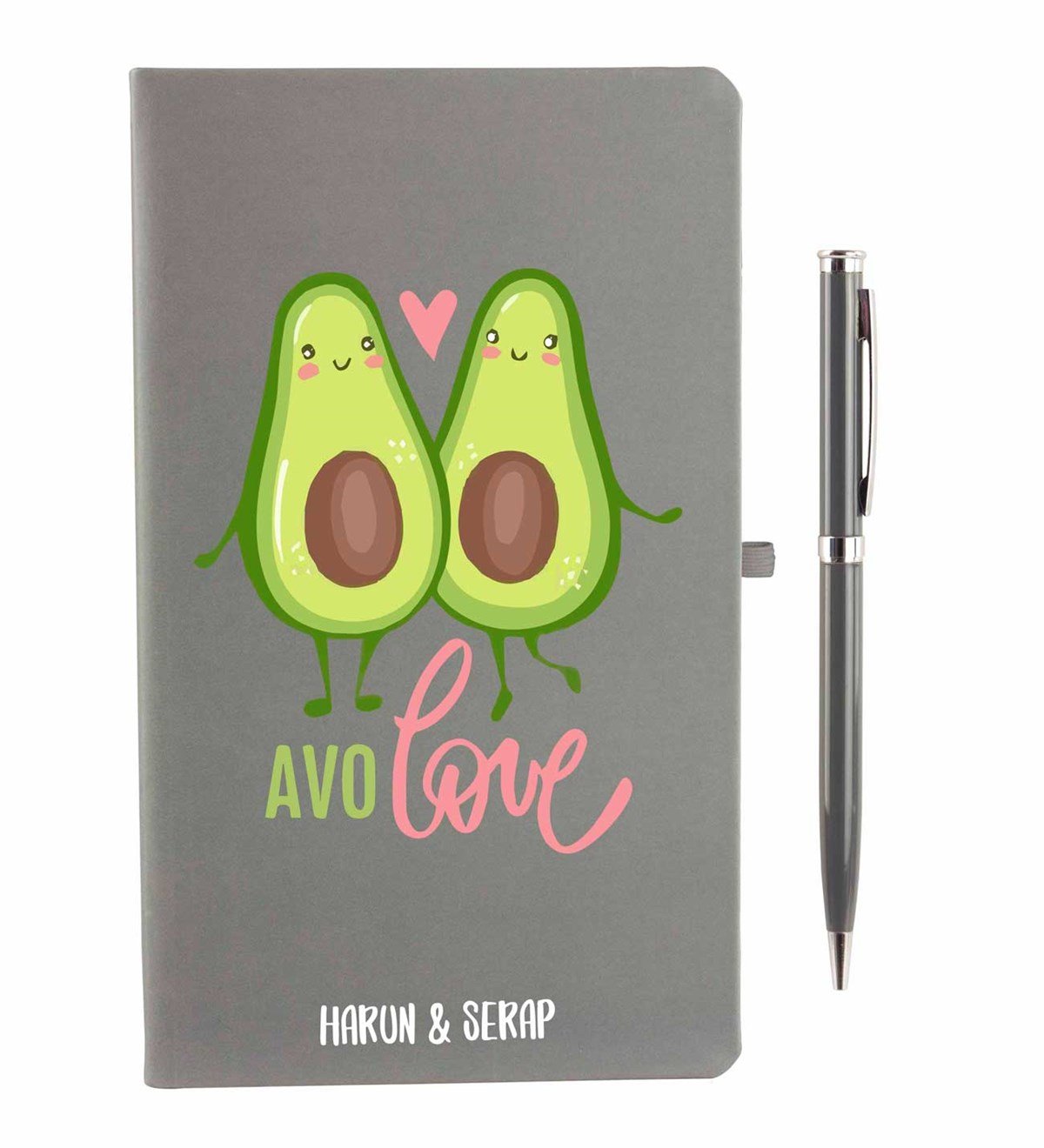İsme Özel Defter-Kalem Seti Gri -Avokado Love Temalı