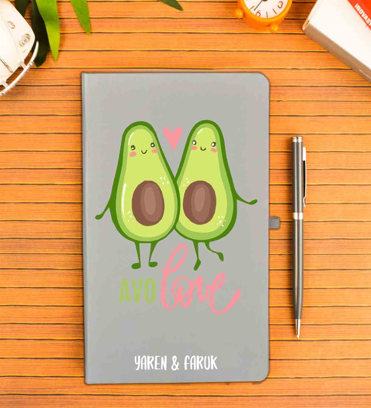 İsme Özel Defter-Kalem Seti Gri -Avokado Love Temalı