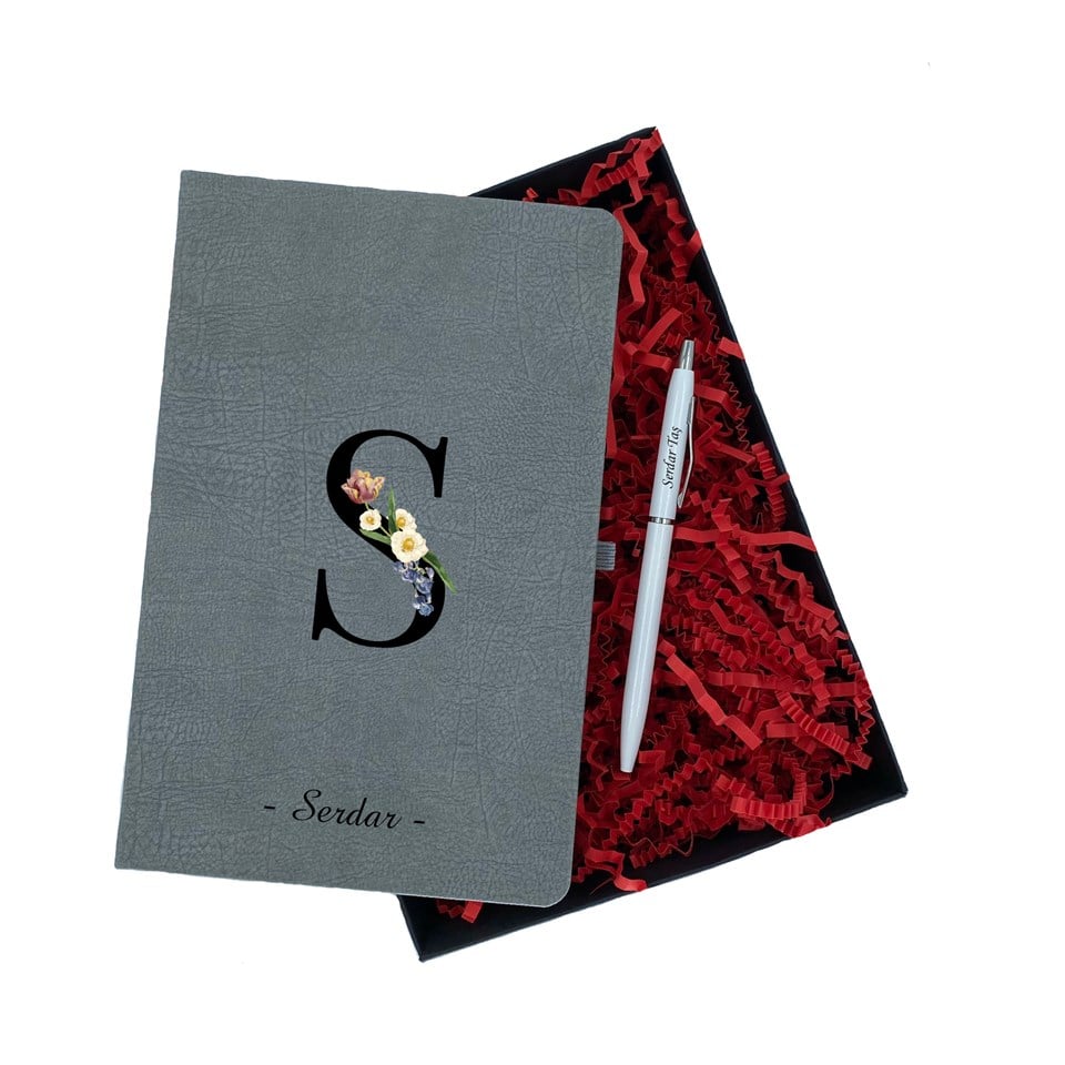 İsme Özel Defter Kalem Seti Hediye Kutusu - Çiçekli Harf