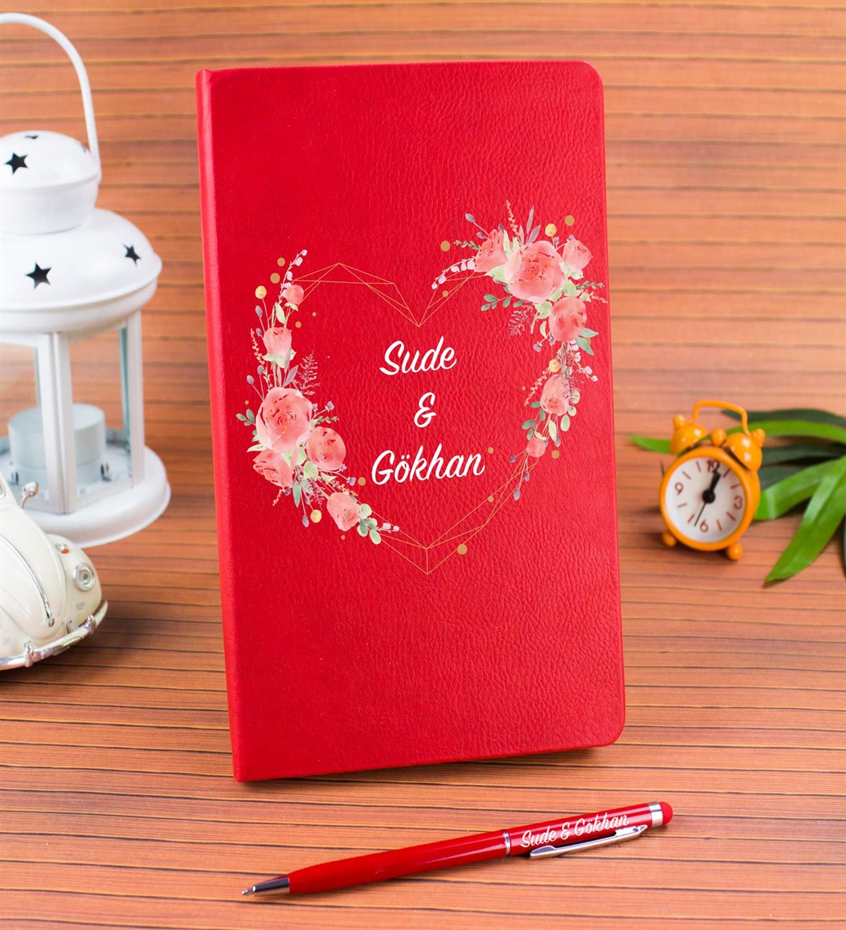 İsme Özel Defter Kalem Seti Kırmızı - Gül Çerçeve Temalı