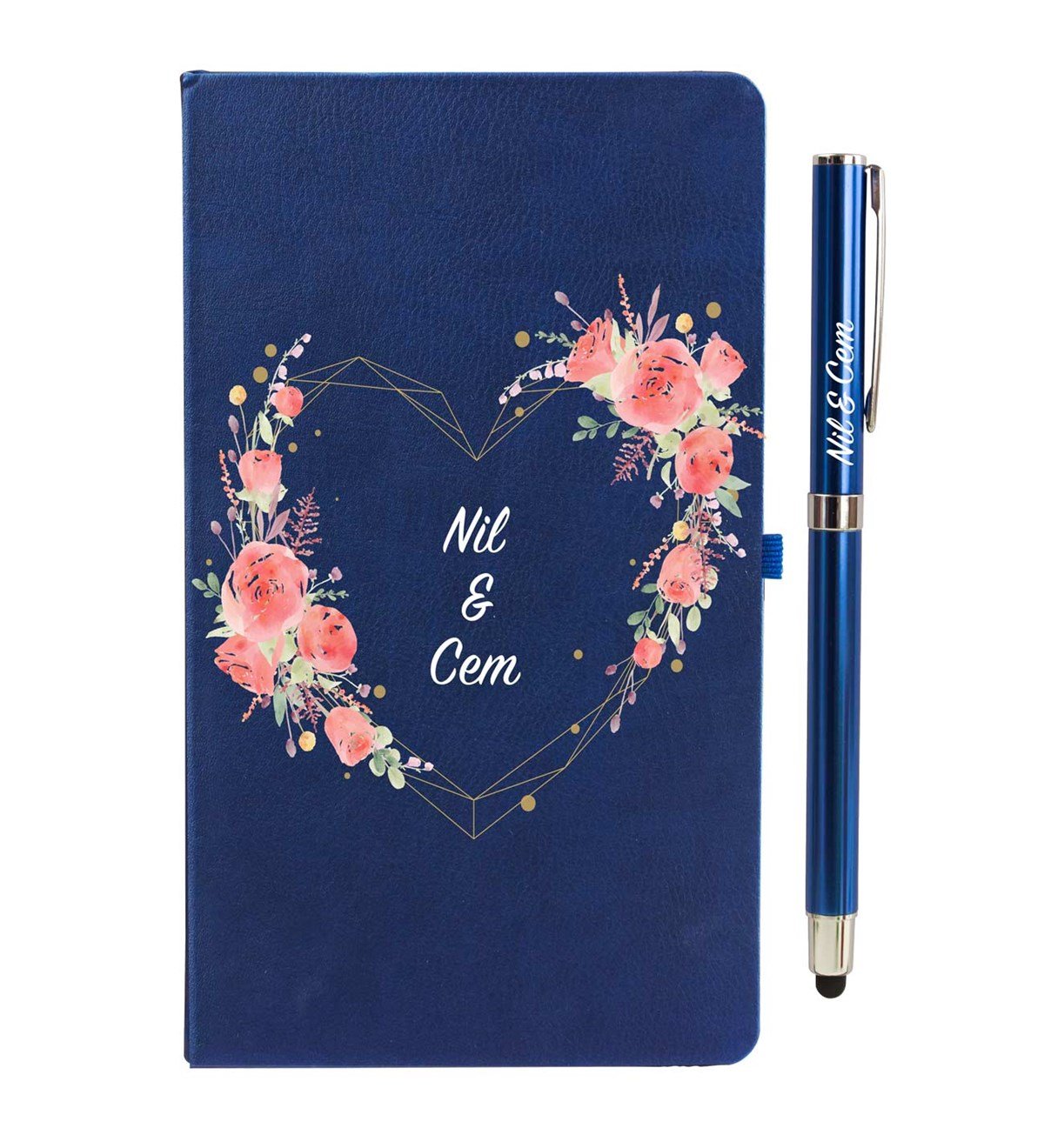İsme Özel Defter Kalem Seti Lacivert - Gül Çerçeve Temalı