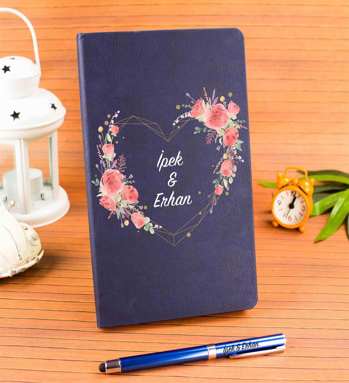 İsme Özel Defter Kalem Seti Lacivert - Gül Çerçeve Temalı