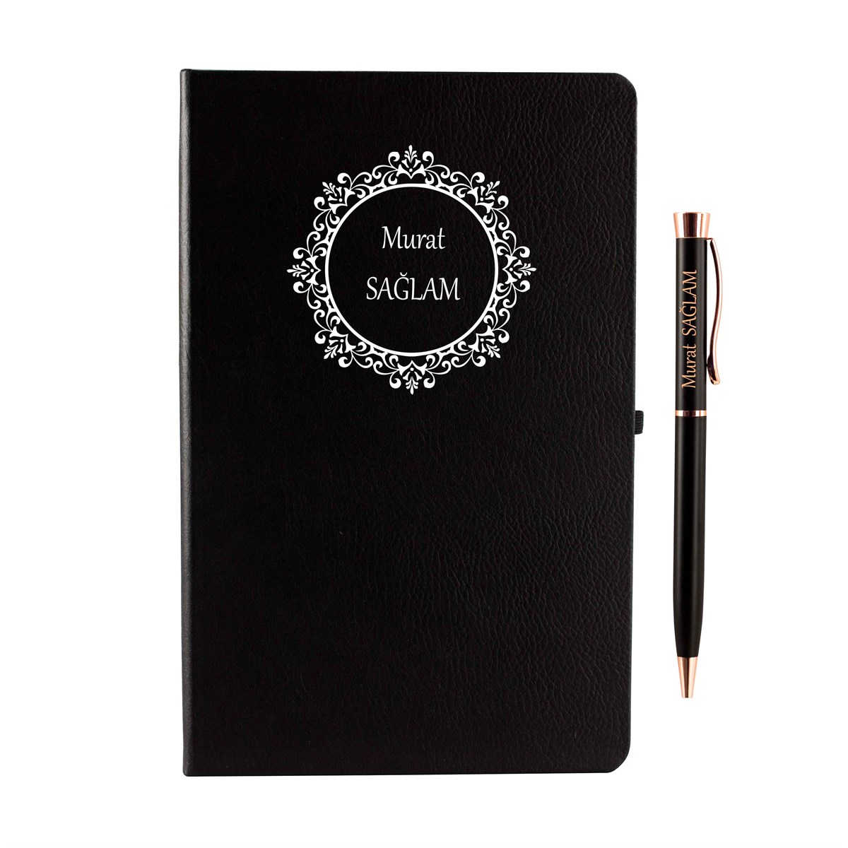 İsme Özel Defter Kalem Seti Siyah - Çiçekli Çerçeve