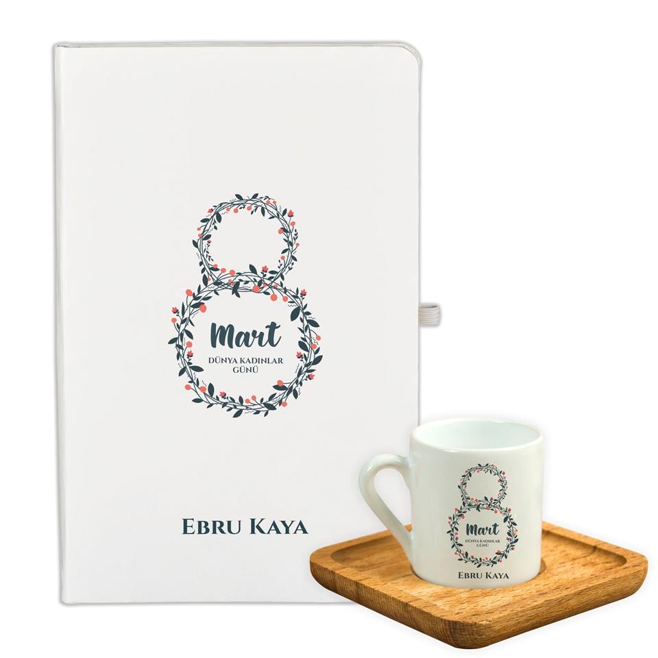 İsme Özel Defter Kalem ve Ahşap Tepsili Fincan Seti - 8 Mart Kadınlar Günü