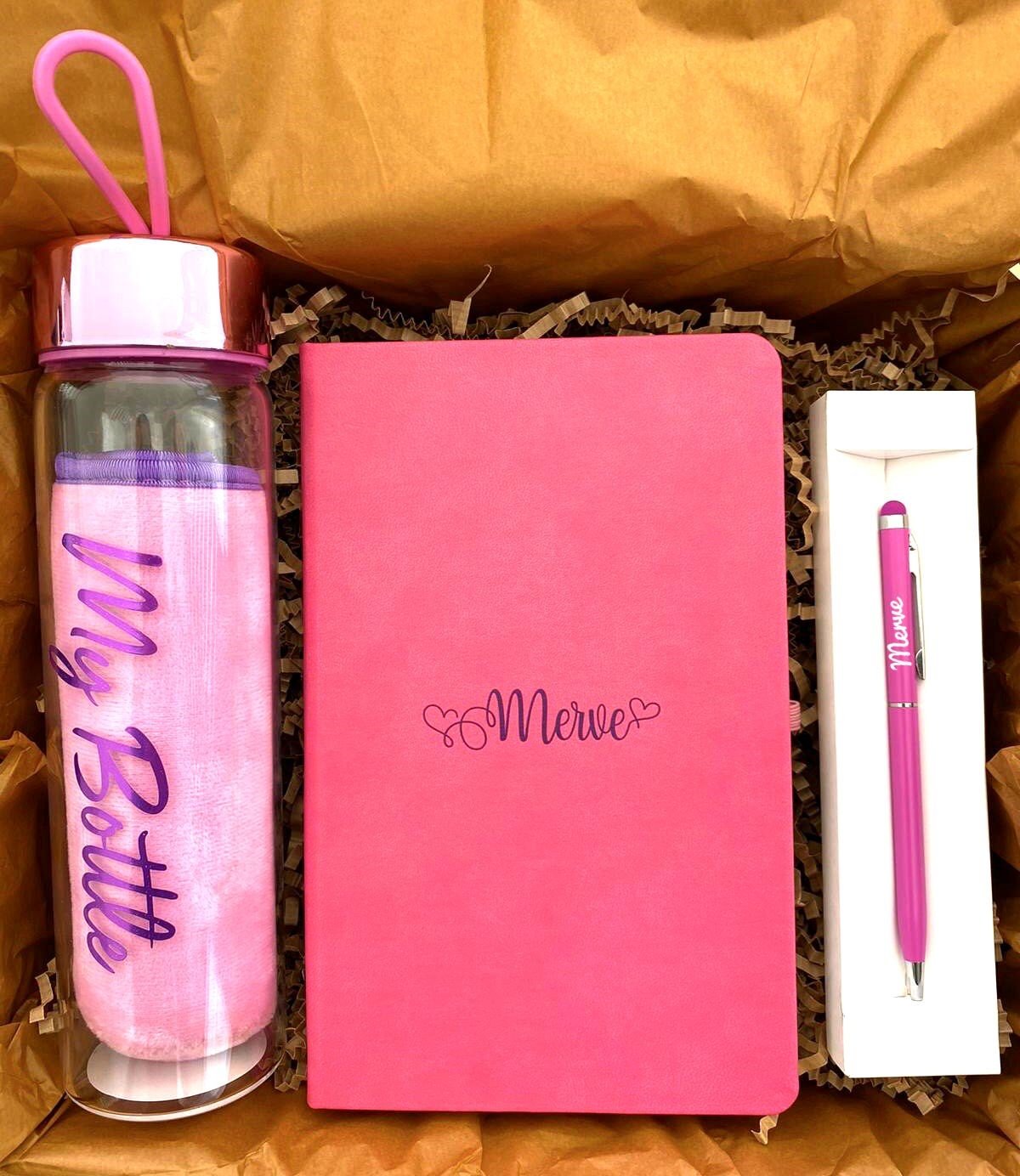 İsme Özel Defter Kalem ve Cam Matara Hediye Kutusu - Pembe