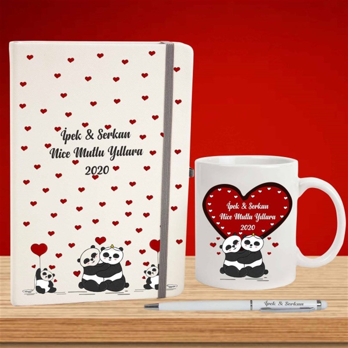 İsme Özel Defter Kalem ve Kupa Bardak Seti - Sevimli Panda