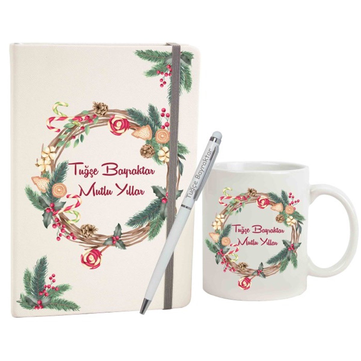 İsme Özel Defter Kalem ve Kupa Bardak Seti - Mutlu Yıllar