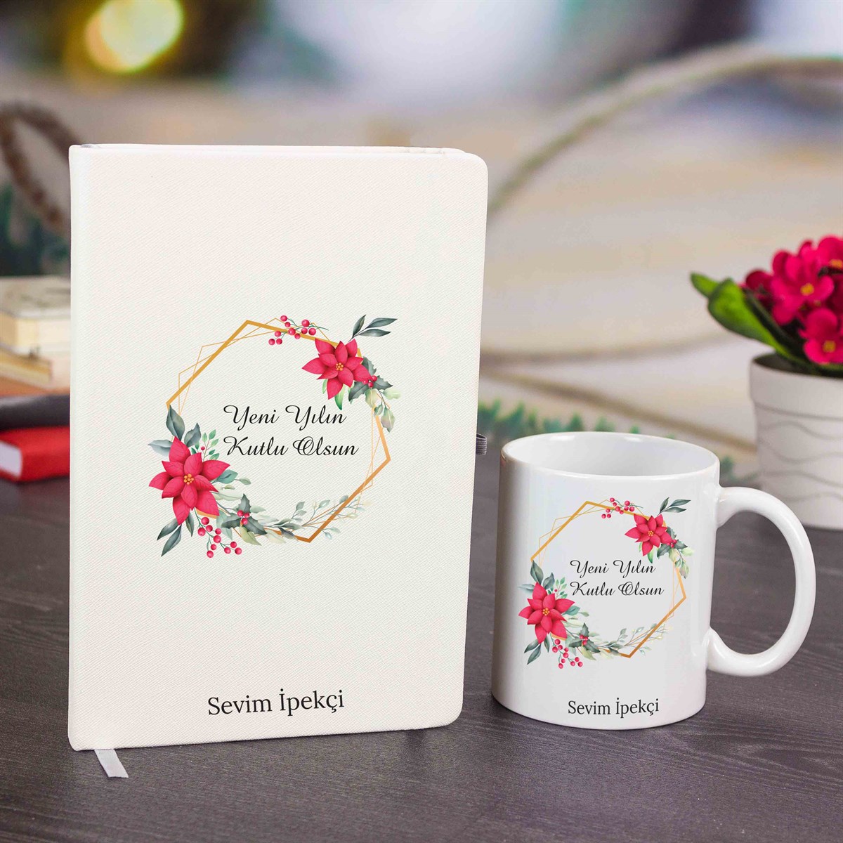 İsme Özel Defter Kupa Bardak Seti - Çiçek Temalı