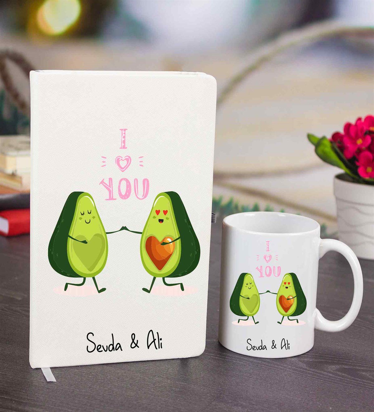 İsme Özel Defter Kupa Bardak Seti - I Love You Avakado 