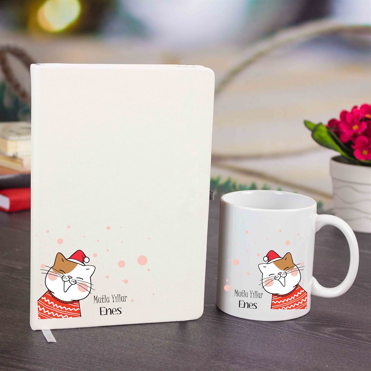 İsme Özel Defter Kupa Bardak Seti - Kedi Temalı