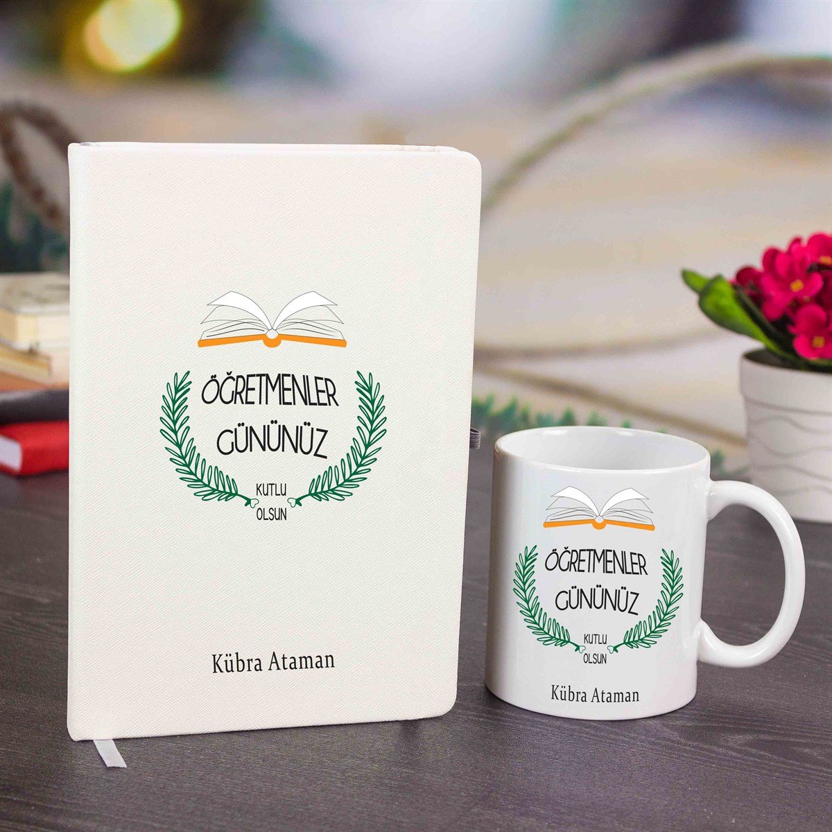 İsme Özel Defter Kupa Bardak Seti - Kitaplı Çiçekli