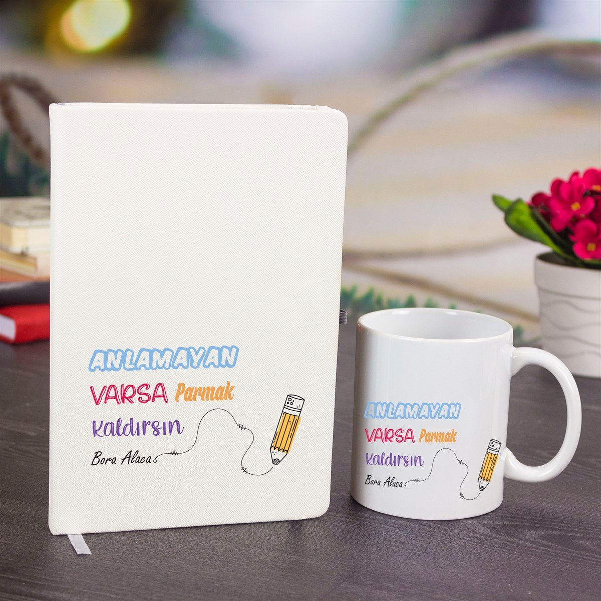 İsme Özel Defter Kupa Bardak Seti-Anlamayan Varsa Parmak Kaldırsın