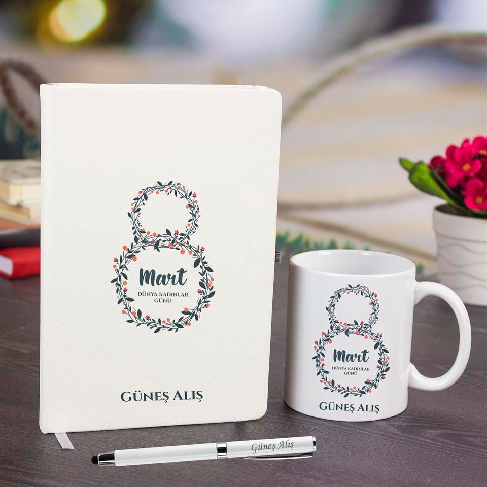 İsme Özel Defter Kupa Bardak ve Kalem Seti - Kadınlar Günü
