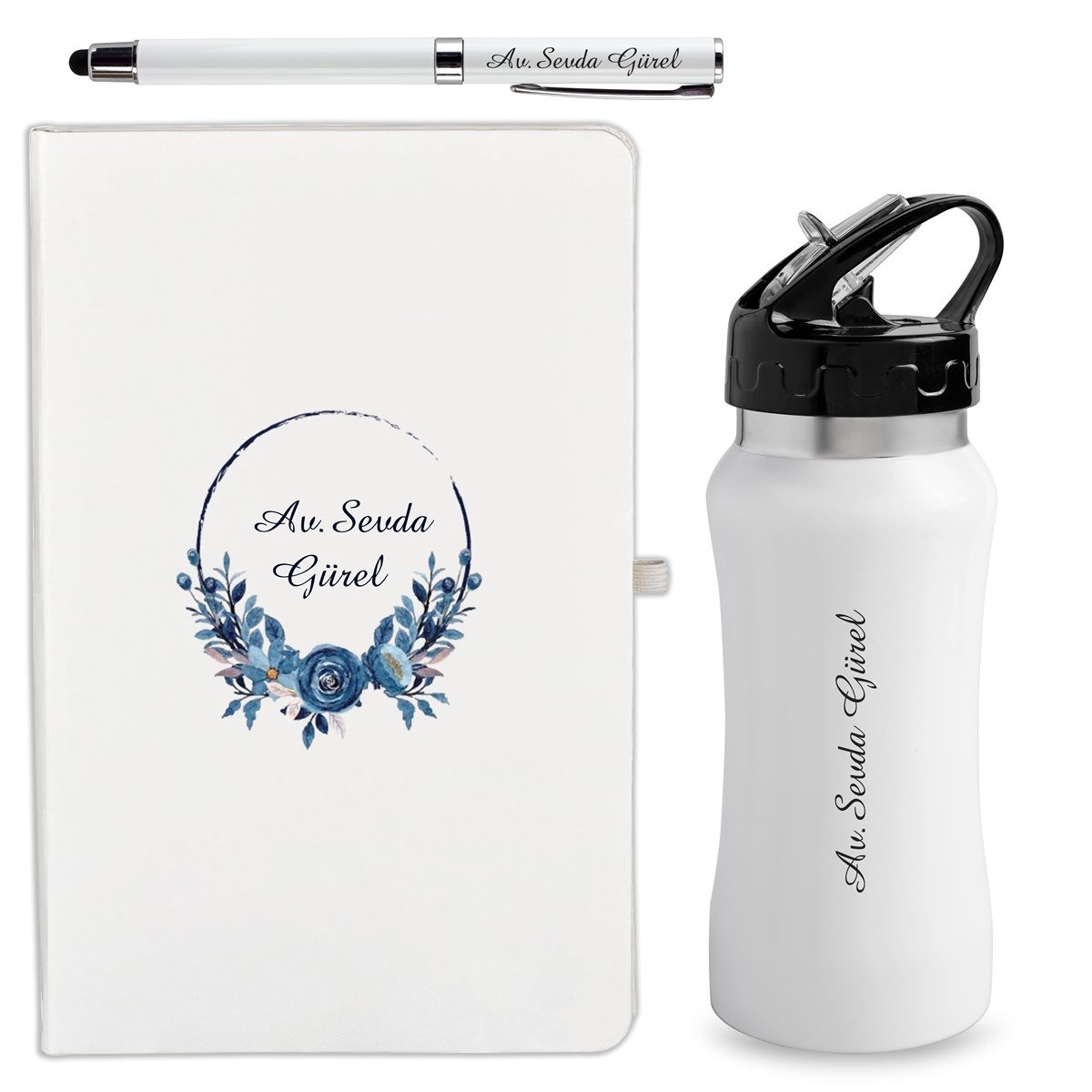 İsme Özel Defter Matara ve Kalem Lüx Hediye Seti 500 ml - Desen2