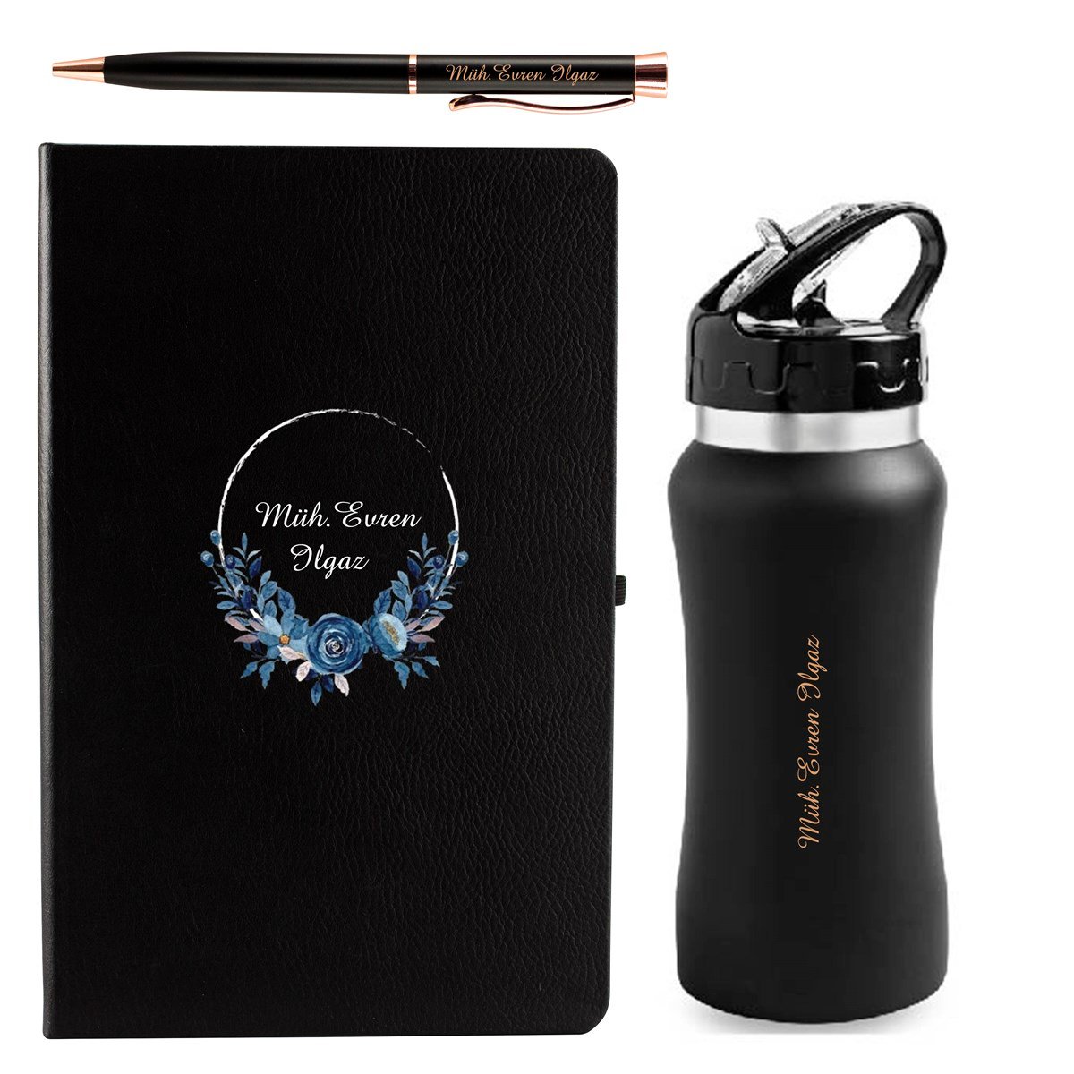 İsme Özel Defter Matara ve Kalem Lüx Hediye Seti 500 ml - Desen2