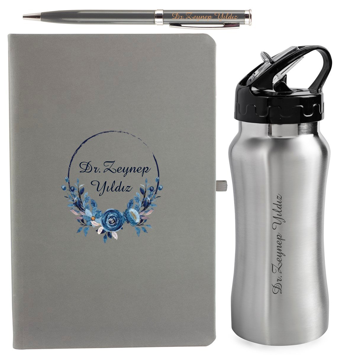 İsme Özel Defter Matara ve Kalem Lüx Hediye Seti 500 ml - Desen2