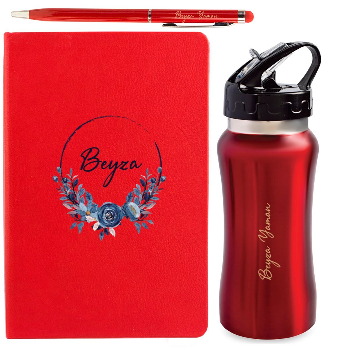 İsme Özel Defter Matara ve Kalem Lüx Hediye Seti 500 ml - Desen2