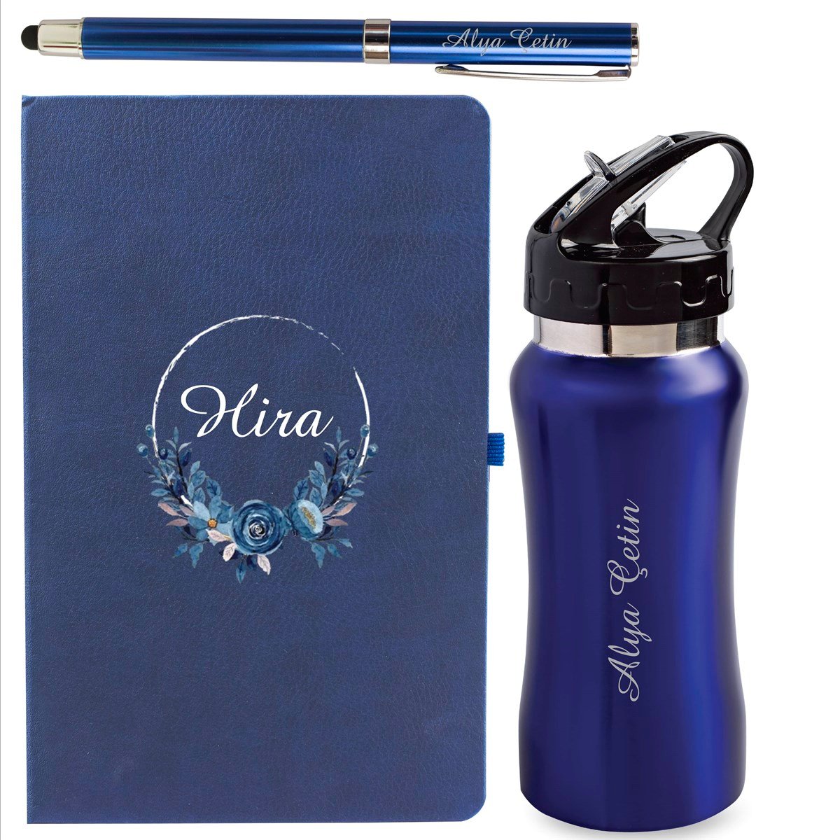 İsme Özel Defter Matara ve Kalem Lüx Hediye Seti 500 ml - Desen2